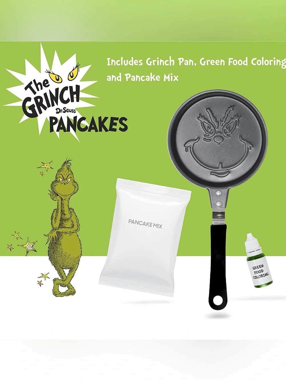 The Grinch Holiday round pancake pan with pancake mix and .03 oz & coloring new